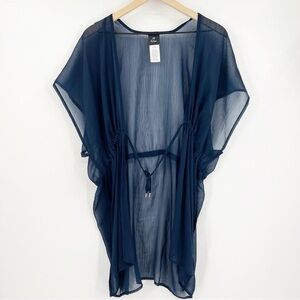 Echo Navy Blue Sheer Drawstring Topper Kimono One Size Cover Up Resort Vacay